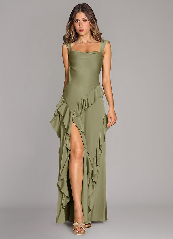 Azazie Sloane Robes Demoiselle d'honneur Robe Trapèze en Satin extensible Encolure en Forme de Cœur Pistache image1