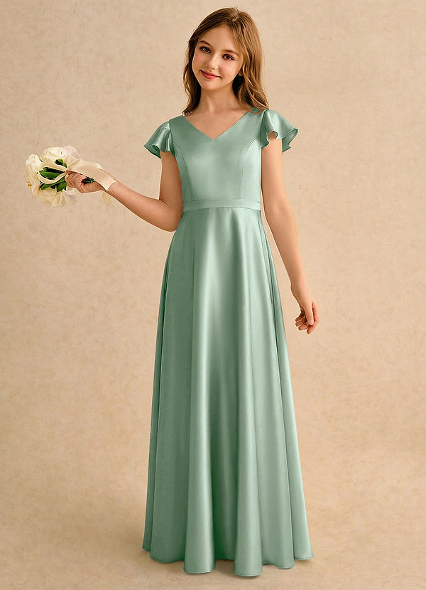 Azazie Nari Girls Formal Blomsterpigekjoler A-Line med ærmer Stræk satin Gulv-længde Kjole image1