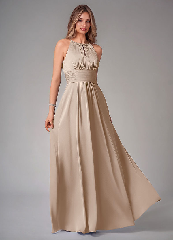 Azazie Bonnie Bridesmaid Dresses Taupe A-Line Pleated Stretch Satin Dress image1