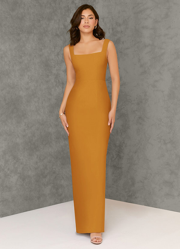 Azazie Flori Bridesmaid Dresses Butterscotch Sheath Square Neckline Chiffon Dress image1