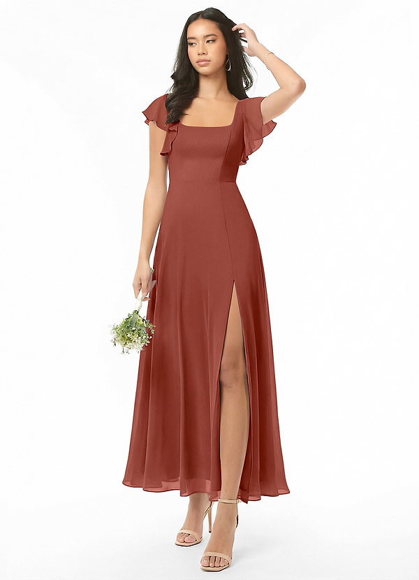 Azazie Bondi Šaty pro družičky A-Line S volánky Šifón Délka po kotníky Šaty image1