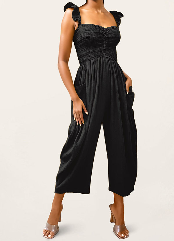 back Cool To Be Casual Black Smocked Sleeveless Jogger Jumpsuit