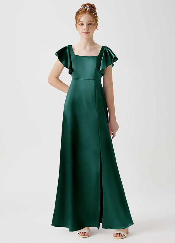 Azazie Bondi Junior Pine A-Line Side Slit Metallic Satin Dress image1