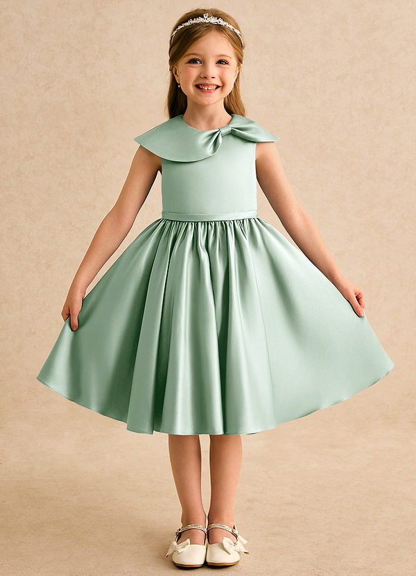Azazie Acorn Flower Girl Dresses Agave A-Line Pleated Matte Satin Dress image1