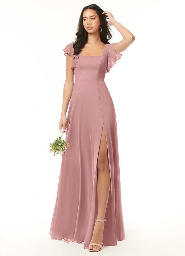 Azazie Bondi Brautjungfernkleider A-Linie Gekräuselt Chiffon Kleid Altrosa image1