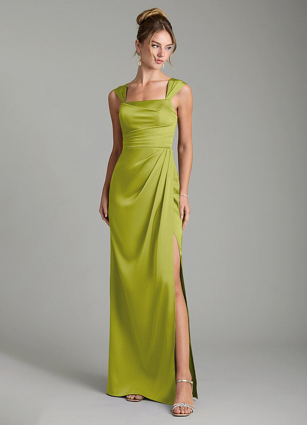 Azazie Filippa Bridesmaid Dresses Lemongrass A-Line Pleated Stretch Satin Dress image1