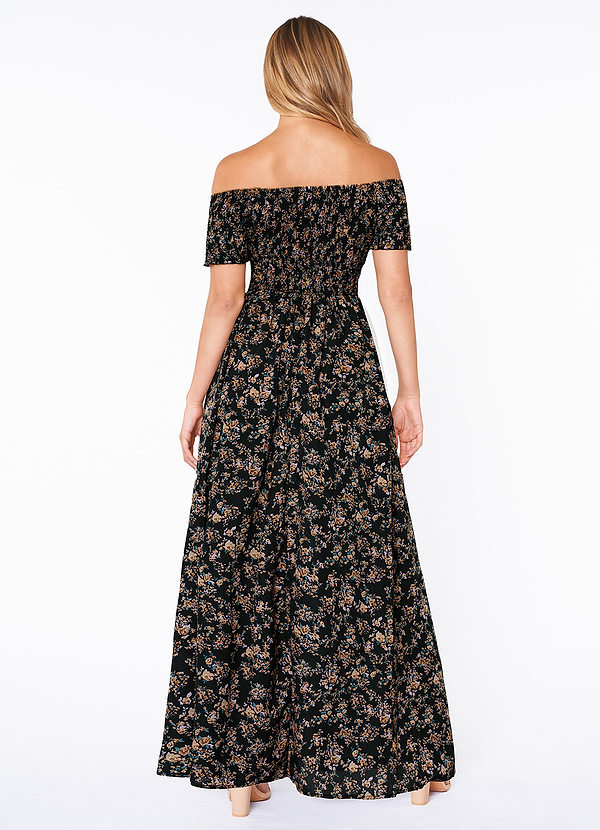 back Davie Black Floral Print Off-The-Shoulder Smocked Maxi Dress