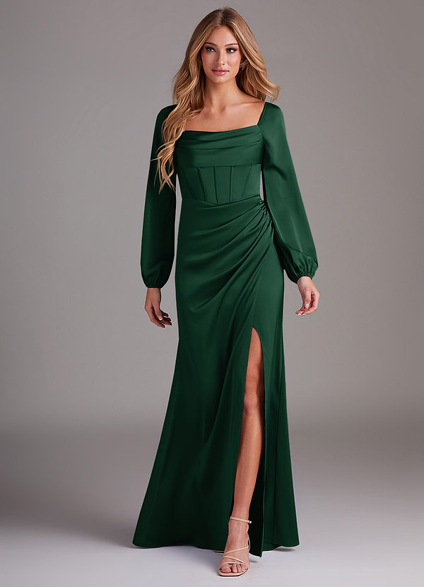 Azazie Charissa Bridesmaid Dresses Dark Green Sheath Long Sleeve Stretch Satin Dress image1