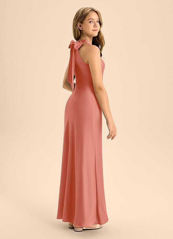 Azazie Doretta Junior Salmon Pink A-Line Pleated Stretch Satin Dress image1