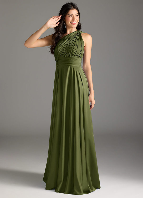 Azazie Charlize Bridesmaid Dresses Olive A-Line One Shoulder Stretch Satin Dress image1