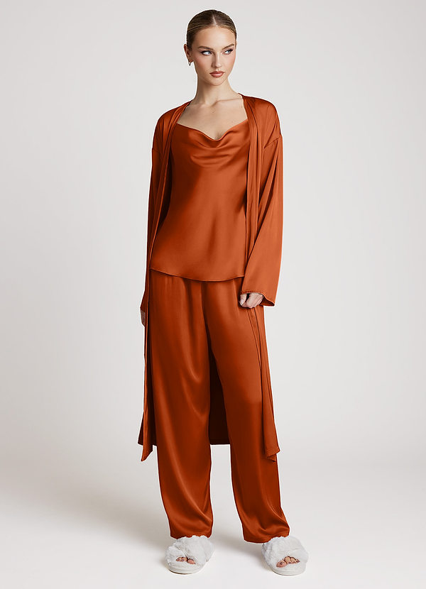 front Burnt Orange Satin Long Sleeves 3-Piece Loungewear Set