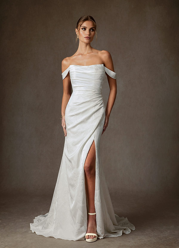 Azazie Tilly Wedding Dresses Diamond White Sheath Off the Shoulder Floral Jacquard Dress image1