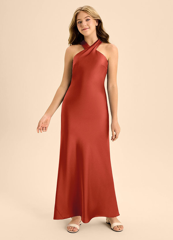 Azazie Doretta Junior Vestido de Óxido de Satén Elástico de Corte En A con Plisado image1