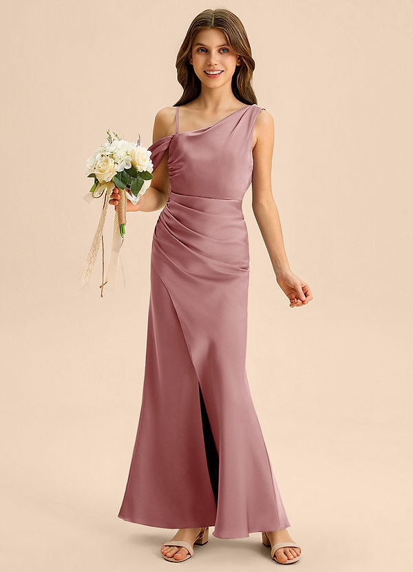 Azazie Madelyn Junior Abito Tubino in Raso Elasticizzato a Spalla Scoperta Rosa Polverosa image1