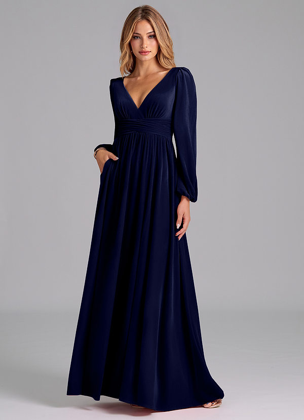 Azazie Norah Bridesmaid Dresses Dark Navy A-Line Long Sleeve Velvet Dress image1