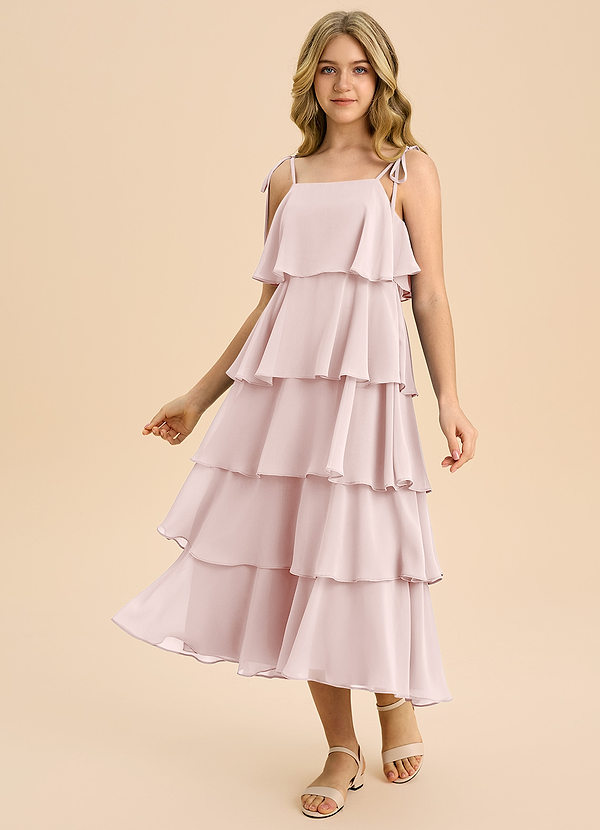 Azazie Shortcake Junior Blushing Pink A-Line Bow Chiffon Dress image1