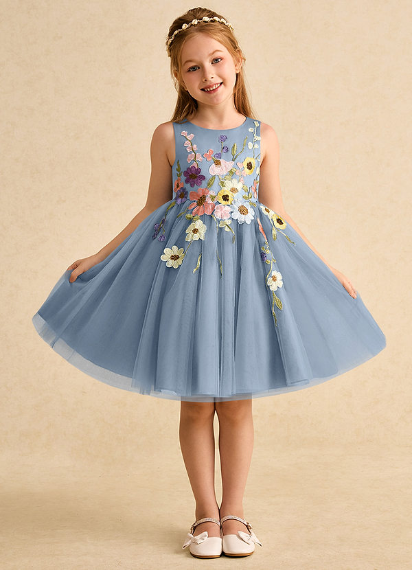 Azazie Prima Vestidos de Niña de Flores Vestido de Azul Polvoriento de Tul de Corte En A con Lazo image1