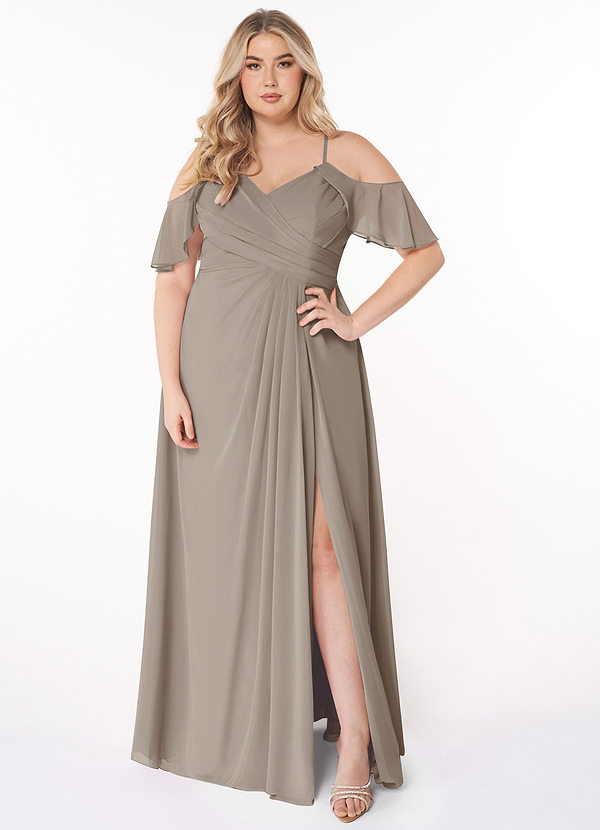 Azazie Dakota Bridesmaid Dresses Taupe A-Line V-Neck Pleated Chiffon Dress image1