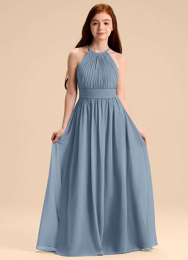 Azazie Malone Junior Robe Trapèze en Mousseline de soie Plissée Bleu Poussiéreux image1
