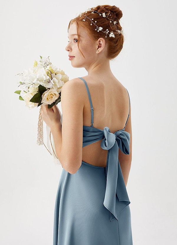 Azazie Shale Junior Dusty Blue A-Line Stretch Satin Dress image1