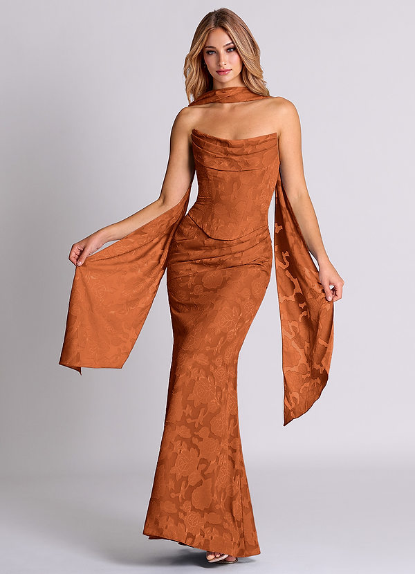 Azazie Sorrel Bridesmaid Dresses Vestido Laranja Queimada de Esgotamento Floral de sereia com Espartilho image1