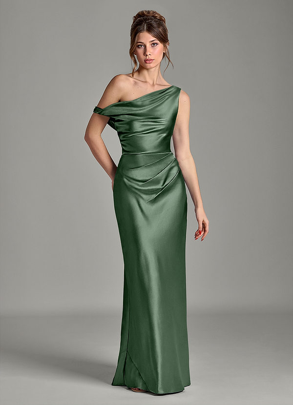 Azazie Emerson Bruidsmeisjesjurken Jurk van Metaalachtig Satijn met Zeemeermin Off-shoulder Eucalyptus image1