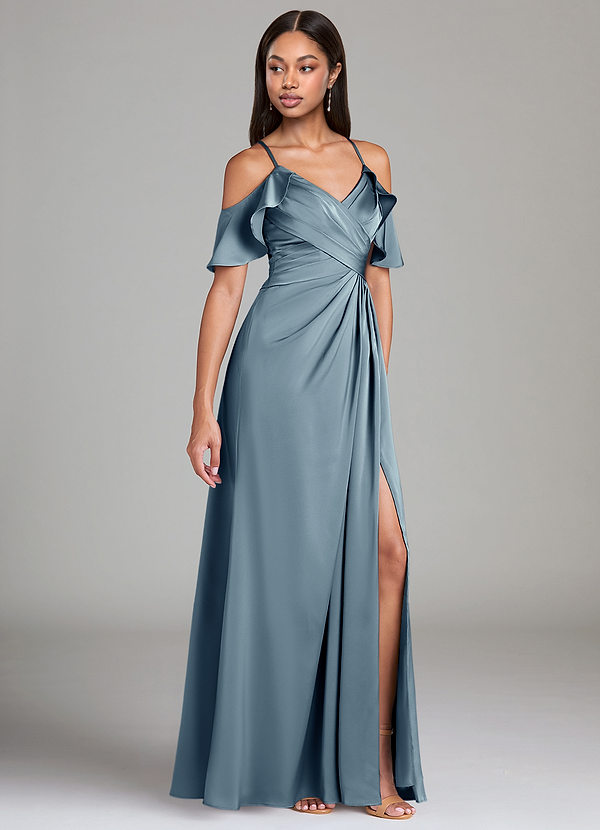 Azazie Dakota Bridesmaid Dresses Dusty Blue A-Line Off the Shoulder Stretch Satin Dress image1