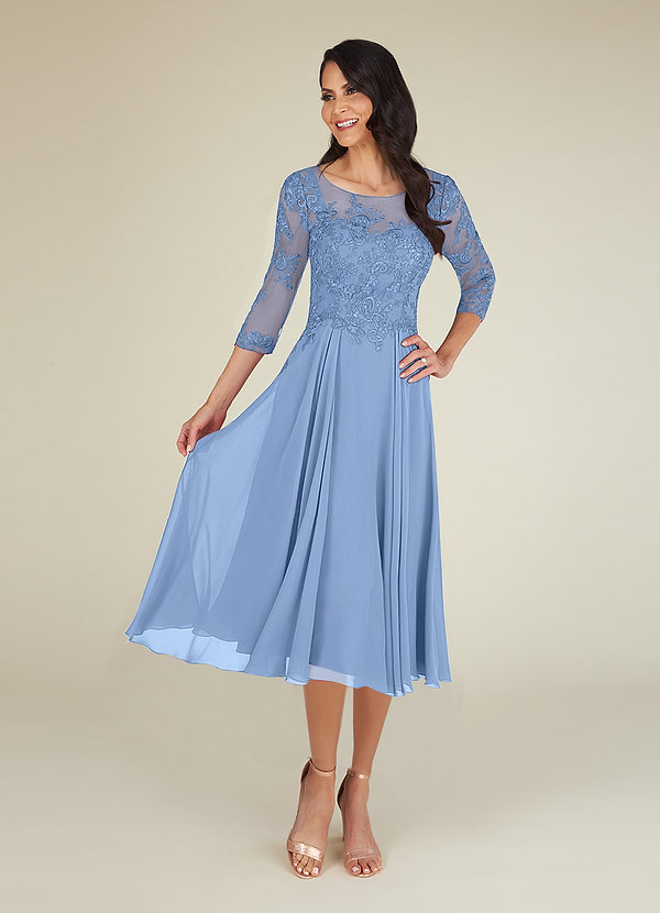 Steel Blue Azazie Marge A-Line Scoop Lace Chiffon Tea-Length Dress | Azazie