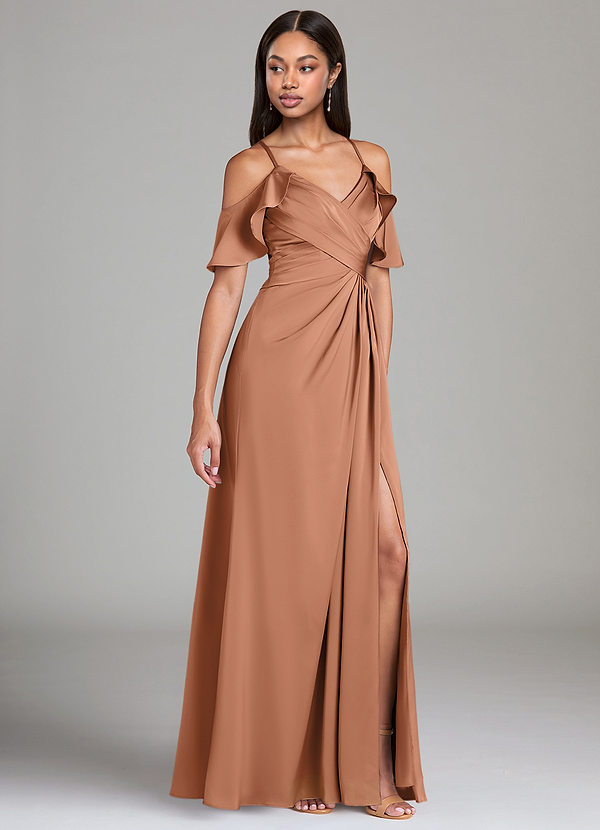 Azazie Dakota Bridesmaid Dresses Bronzer A-Line Off the Shoulder Stretch Satin Dress image1