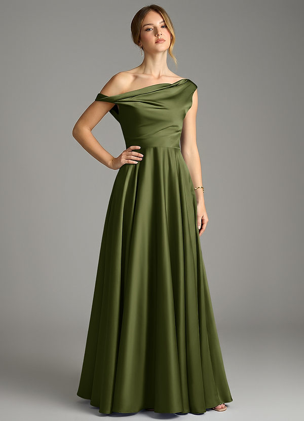 Azazie Xanthe Robes Demoiselle d'honneur Robe Trapèze en Satin extensible Épaule décolletée Olive image1