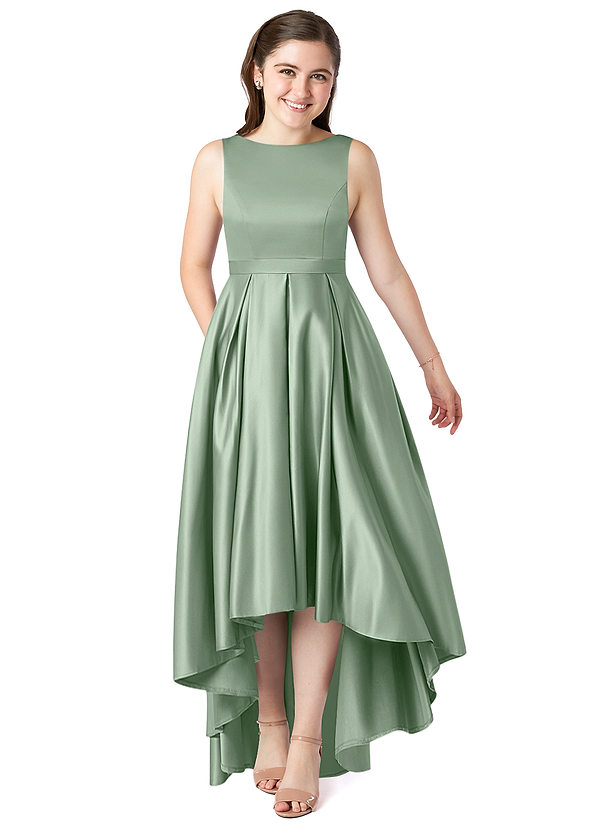 Azazie Inaya Junior Matcha A-Line with Belt Stretch Satin Dress image1
