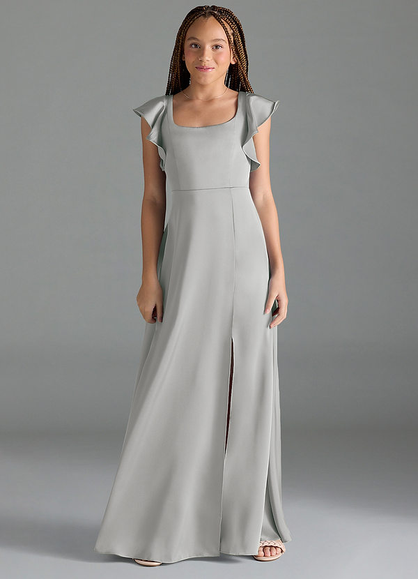 Azazie Bondi Junior Silver A-Line Side Slit Stretch Satin Dress image1