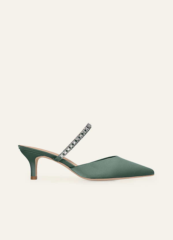front Matching Color Stretch Satin Rhinestone Slip-on Kitten Heels
