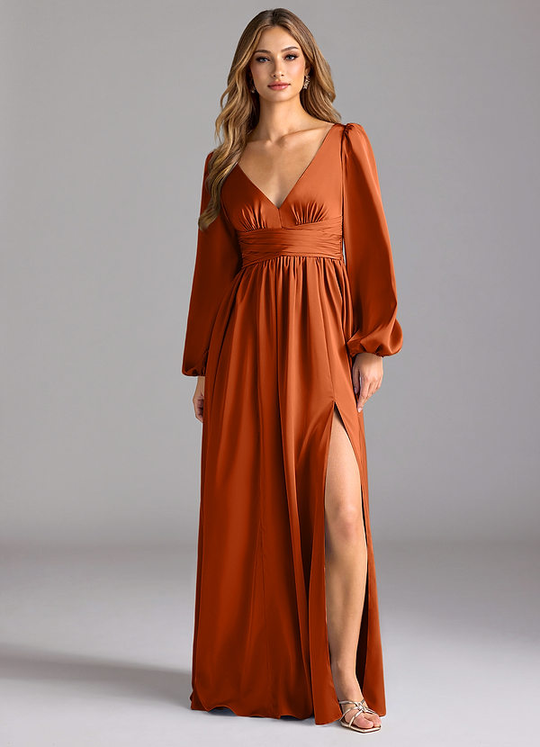 Azazie Norah Abiti da Damigella Abito A-Line in Raso Elasticizzato Arancia Bruciata image1