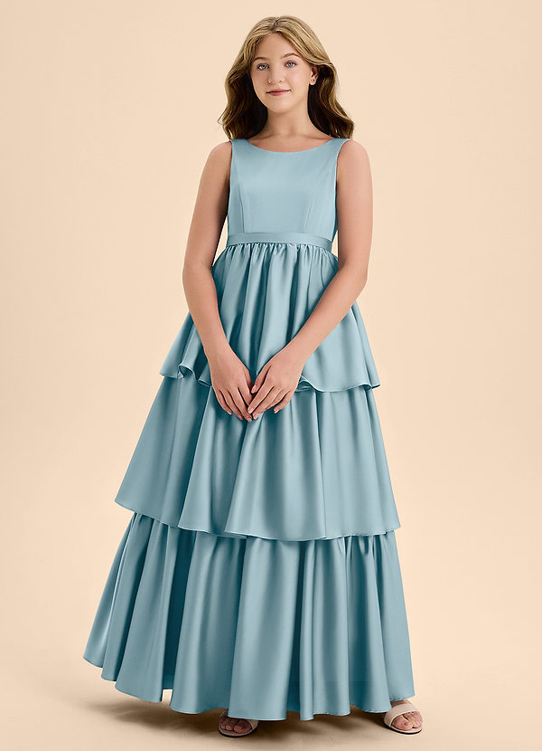 Azazie Meadowyn Junior Abito A-Line in Raso Elasticizzato Fiocco Blu Lunatico image1