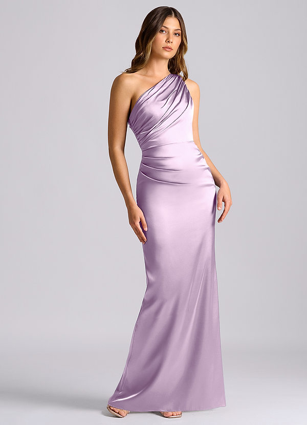 Azazie Akilah Bridesmaid Dresses Frosted Lilac Mermaid One Shoulder Stretch Satin Dress image1