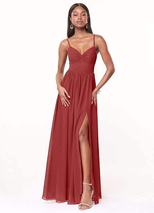 Azazie Zeya Bridesmaid Dresses Rust A-Line V-Neck Pleated Chiffon Dress image1