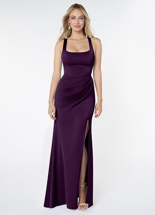Azazie Mero Bridesmaid Dresses Grape Sheath Pleated Stretch Satin Dress image1
