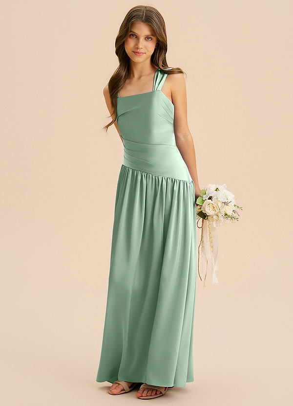 Azazie Dotty Junior Agave A-Line Pleated Stretch Satin Dress image1