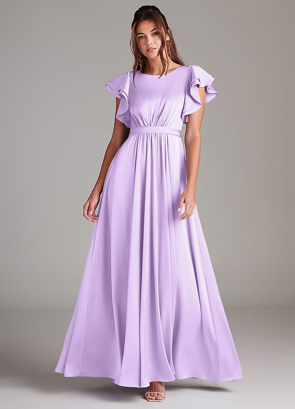 Azazie Daphne Modest Bridesmaid Dresses A-Line Ruched Stretch Satin Floor-Length Dress image1