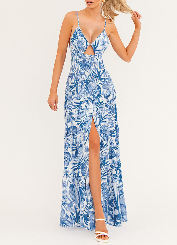 front Breath Of Spring Blue Floral Print Cutout Maxi Dress