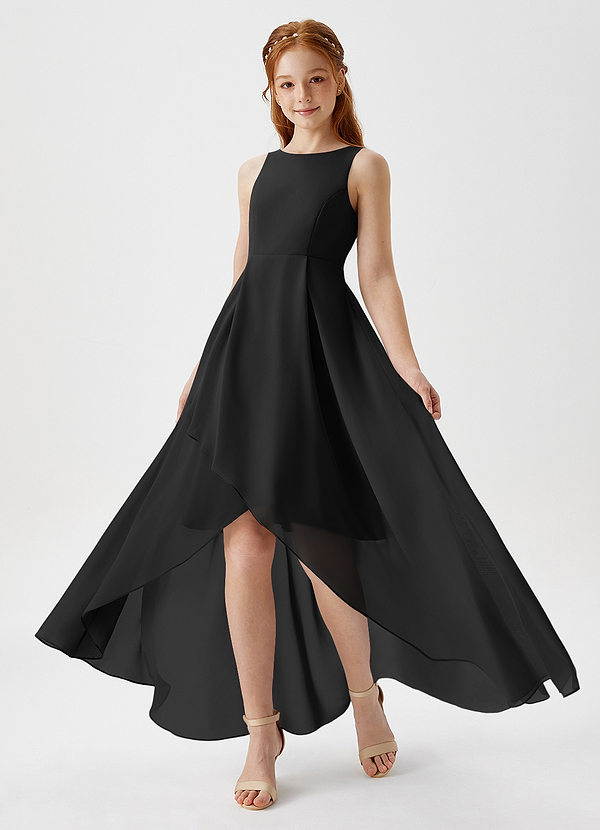 Azazie Lizette Junior Black A-Line Pleated Chiffon Dress image1