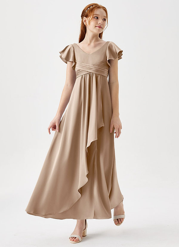 Azazie Omari Junior Taupe A-Line Pleated Stretch Satin Dress image1