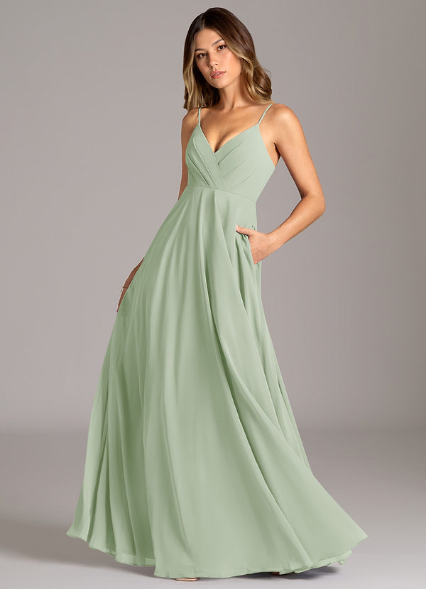 Azazie Amani 신부 들러리 드레스 A라인 주름진 쉬폰 바닥 길이 드레스 image1