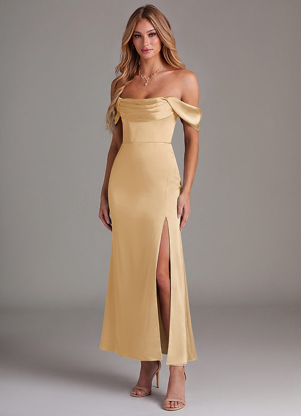 Azazie Saige 신부 들러리 드레스 인어 오프 더 숄더 스트레치 새틴 발목 길이 드레스 image1