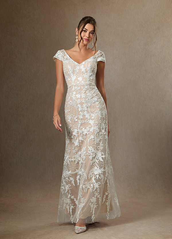 Azazie Devonna Vestidos de Novia Vestido de Blanco Diamante Champán de Encaje de Corte Recto con Lentejuelas Cuello V image1