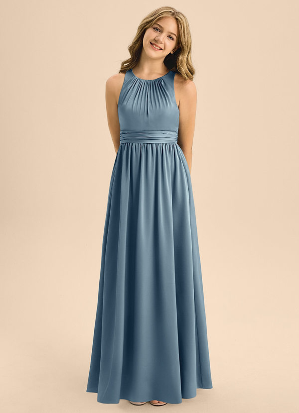 Azazie Jaylah Junior Dusty Blue A-Line Pleated Stretch Satin Dress image1