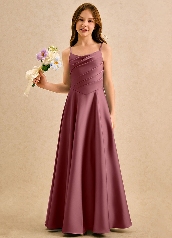 Azazie Coconut Girls Formal Blumenkinder Kleider A-Linie Plissee Stretch-Satin Kleid Wüstenrose image1