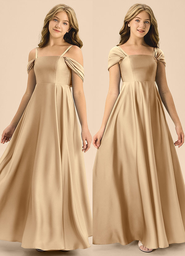 Azazie Rowena Junior Champagne A-Line Bow Stretch Satin Dress image1