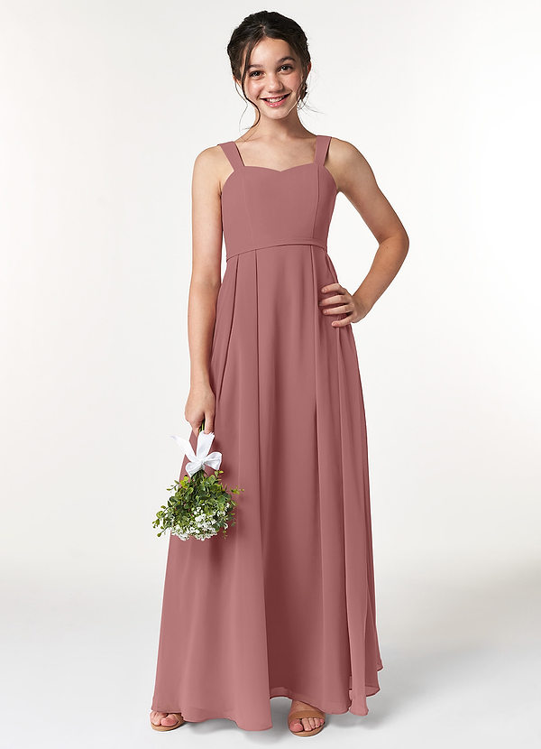 Azazie Simoan Junior Abito A-Line in Chiffon Scollo a Cuore Rosa Del Deserto image1